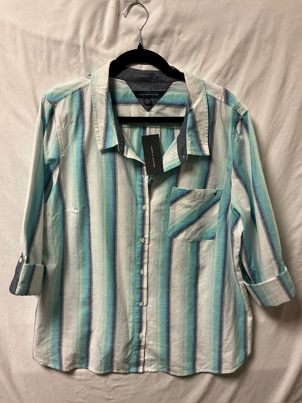 Tommy Hilfiger Women's Striped Button-Down Shirt in Aqua, Teal & White
